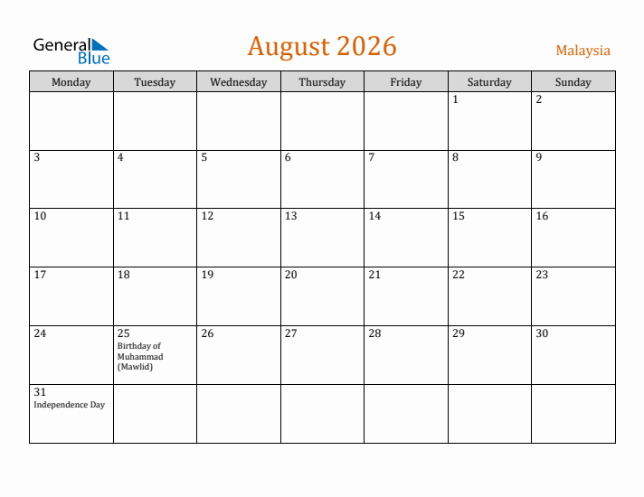 August 2026 Holiday Calendar with Monday Start