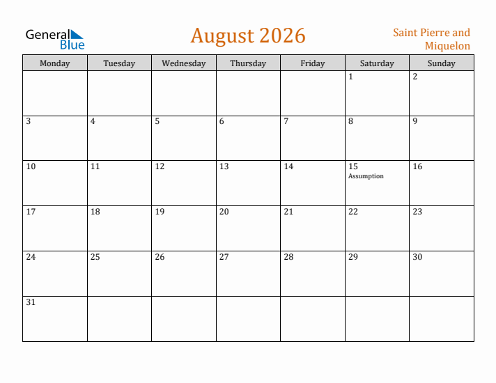 August 2026 Holiday Calendar with Monday Start