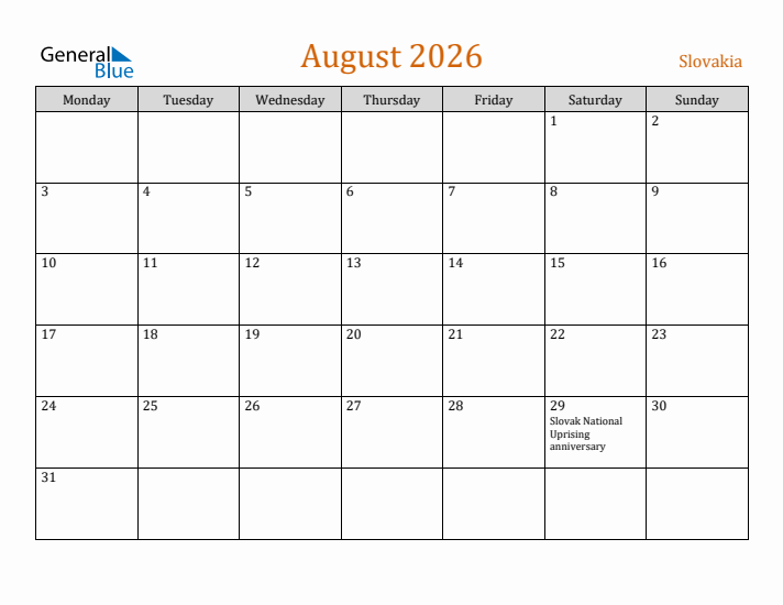 August 2026 Holiday Calendar with Monday Start