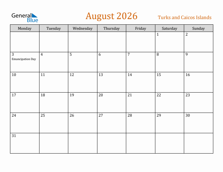 August 2026 Holiday Calendar with Monday Start