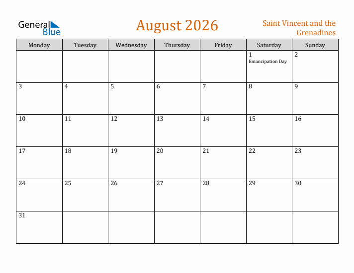 August 2026 Holiday Calendar with Monday Start
