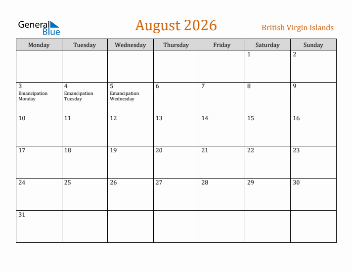 August 2026 Holiday Calendar with Monday Start