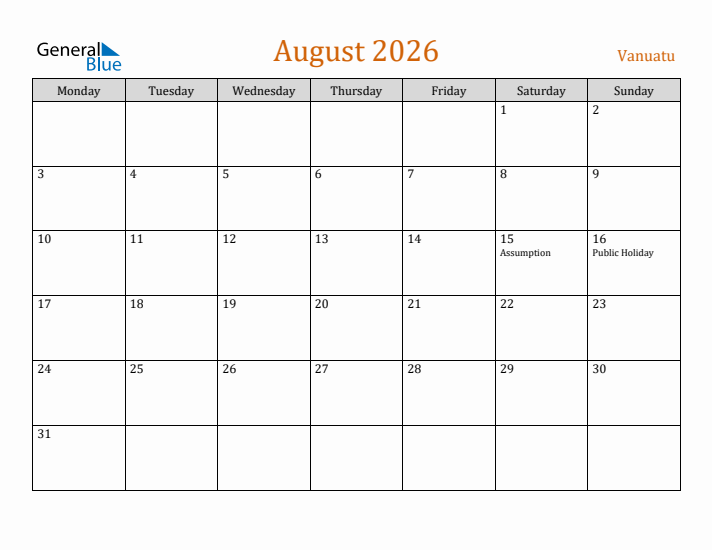 August 2026 Holiday Calendar with Monday Start
