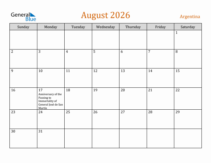 August 2026 Holiday Calendar with Sunday Start