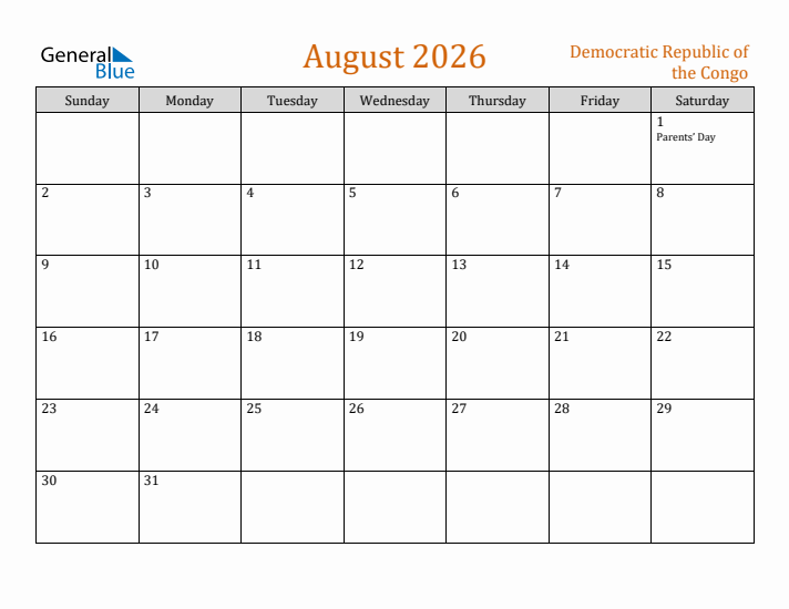 August 2026 Holiday Calendar with Sunday Start