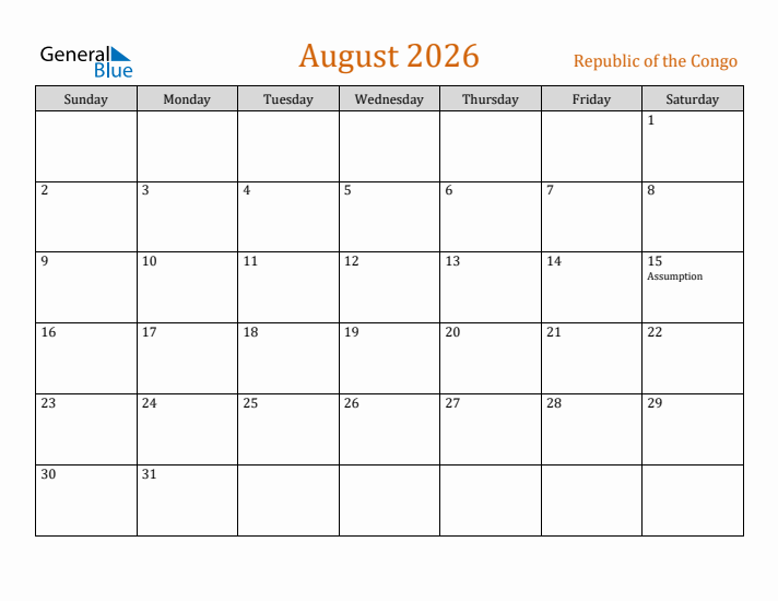 August 2026 Holiday Calendar with Sunday Start