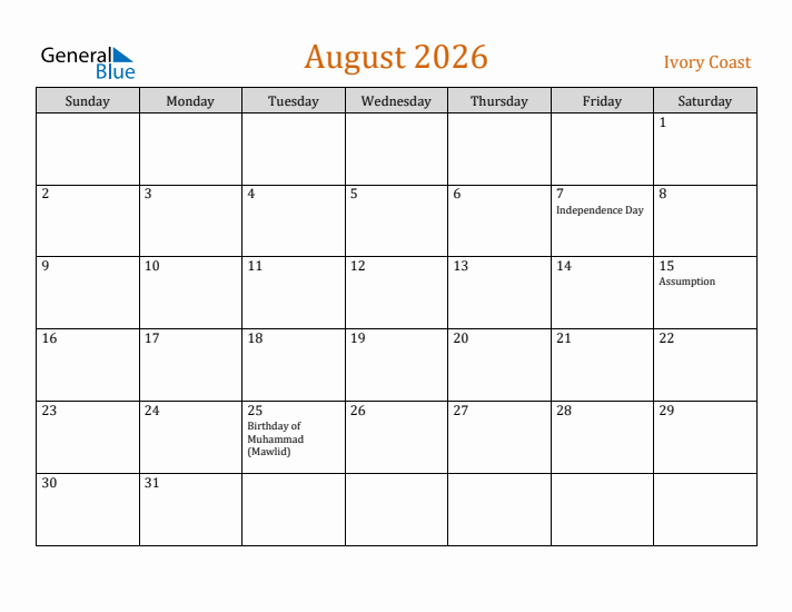 August 2026 Holiday Calendar with Sunday Start
