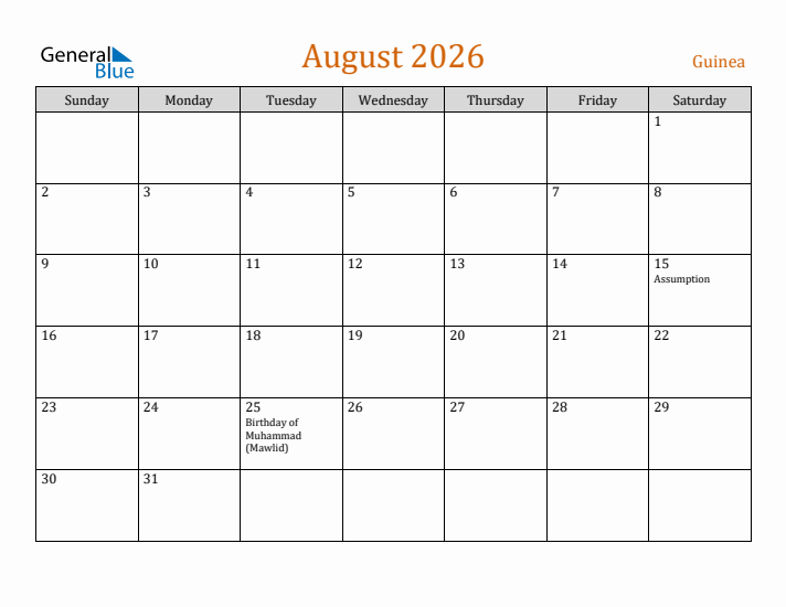 August 2026 Holiday Calendar with Sunday Start