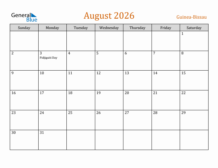 August 2026 Holiday Calendar with Sunday Start