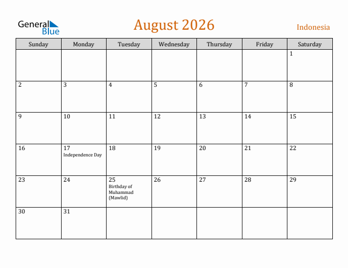 August 2026 Holiday Calendar with Sunday Start