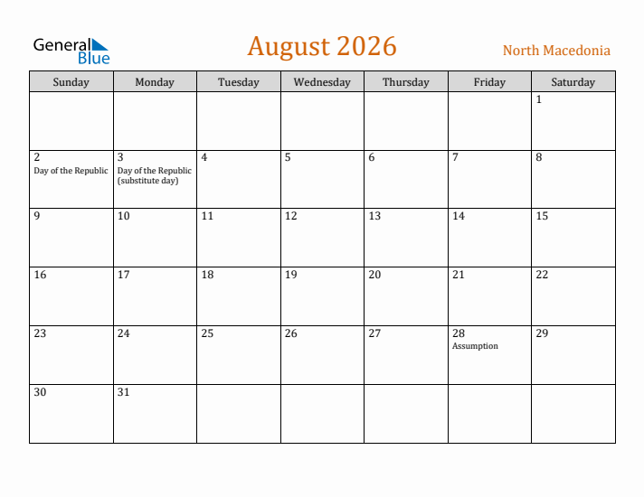 August 2026 Holiday Calendar with Sunday Start