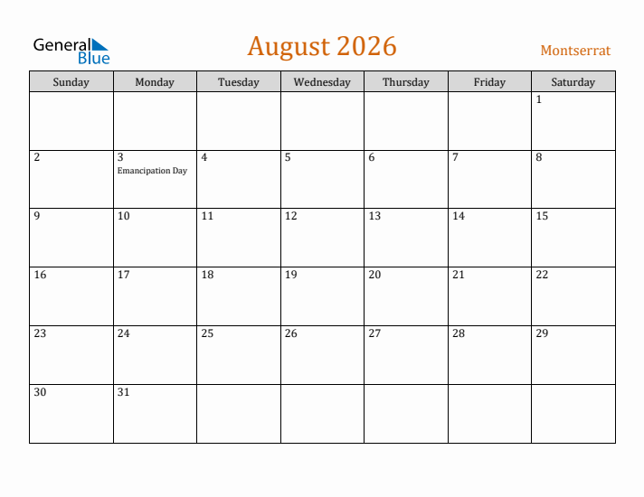 August 2026 Holiday Calendar with Sunday Start