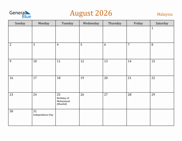 August 2026 Holiday Calendar with Sunday Start