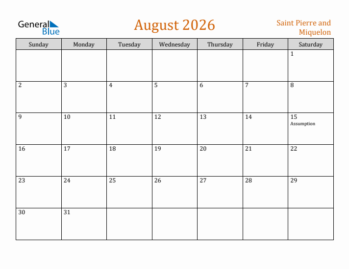 August 2026 Holiday Calendar with Sunday Start