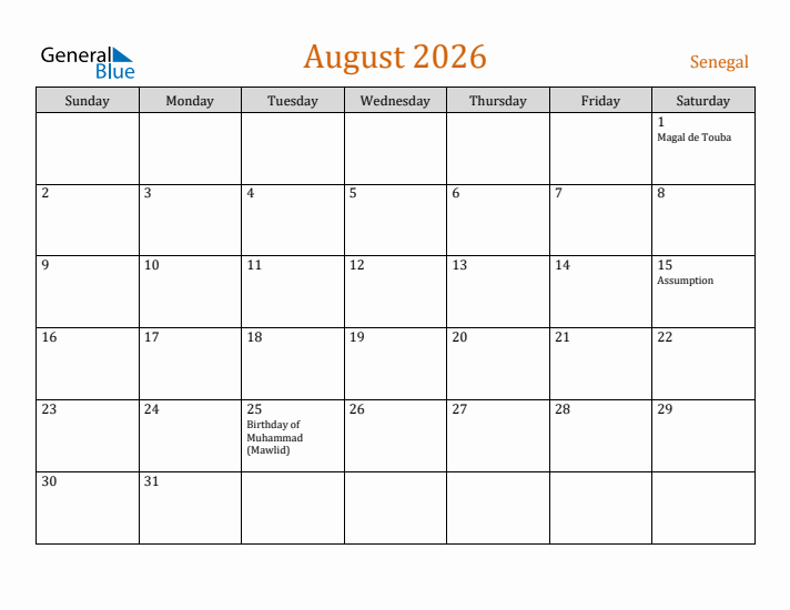 August 2026 Holiday Calendar with Sunday Start