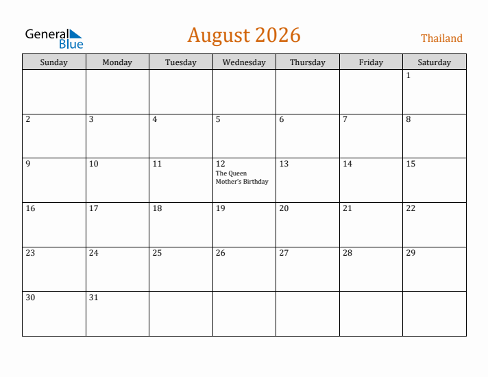 August 2026 Holiday Calendar with Sunday Start