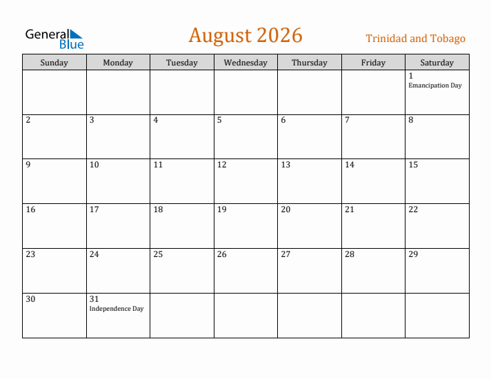 August 2026 Holiday Calendar with Sunday Start