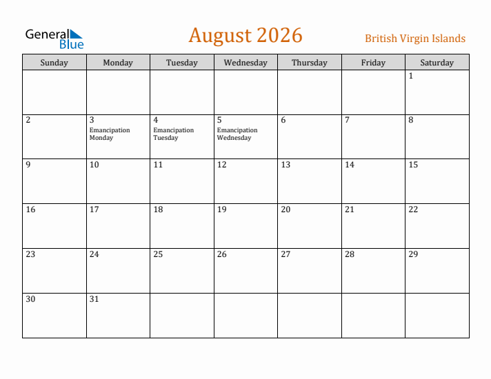 August 2026 Holiday Calendar with Sunday Start