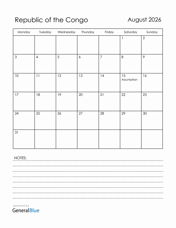 August 2026 Republic of the Congo Calendar with Holidays (Monday Start)