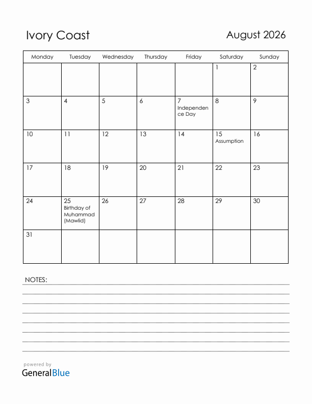 August 2026 Ivory Coast Calendar with Holidays (Monday Start)