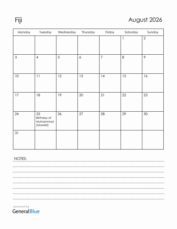 August 2026 Fiji Calendar with Holidays (Monday Start)