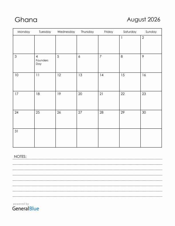 August 2026 Ghana Calendar with Holidays (Monday Start)