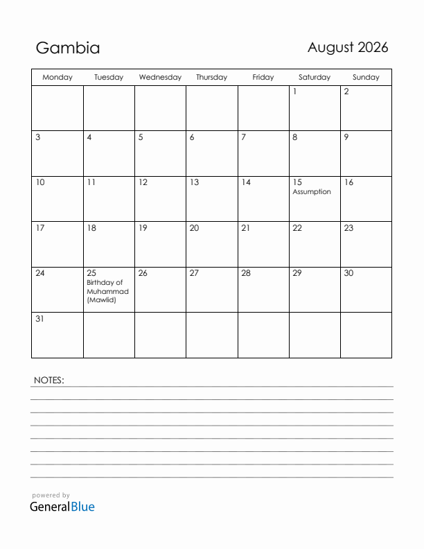 August 2026 Gambia Calendar with Holidays (Monday Start)
