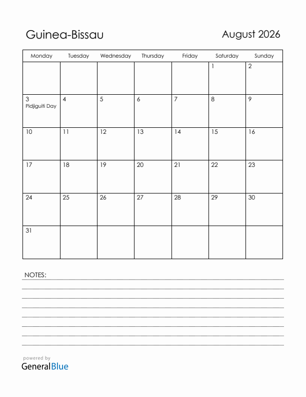 August 2026 Guinea-Bissau Calendar with Holidays (Monday Start)