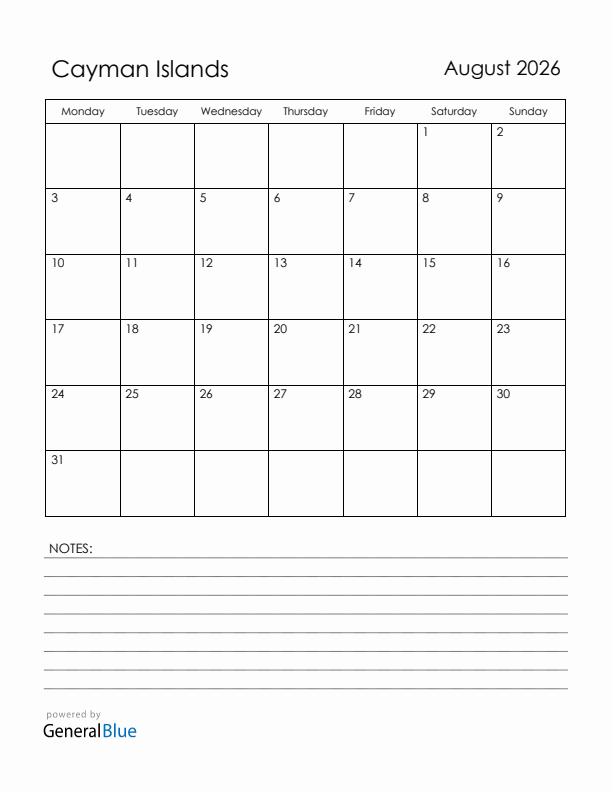 August 2026 Cayman Islands Calendar with Holidays (Monday Start)