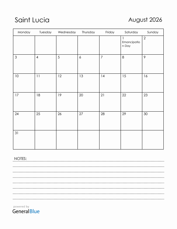 August 2026 Saint Lucia Calendar with Holidays (Monday Start)