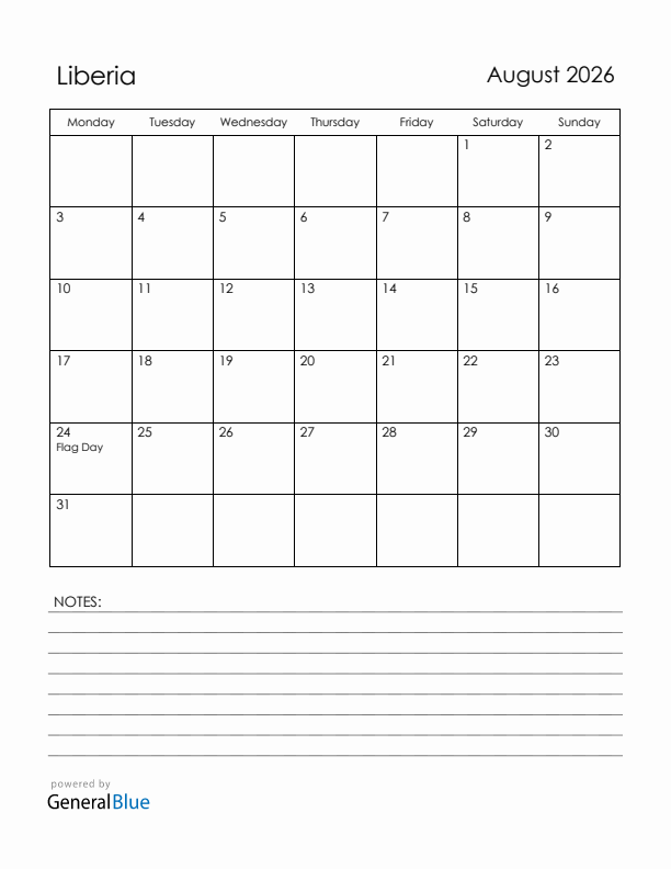 August 2026 Liberia Calendar with Holidays (Monday Start)