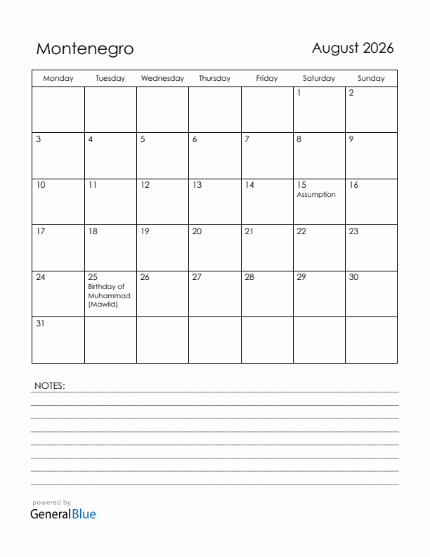 August 2026 Montenegro Calendar with Holidays (Monday Start)