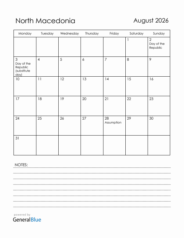 August 2026 North Macedonia Calendar with Holidays (Monday Start)