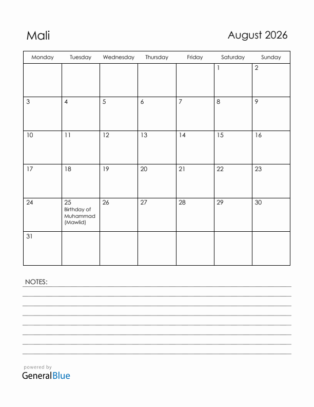August 2026 Mali Calendar with Holidays (Monday Start)