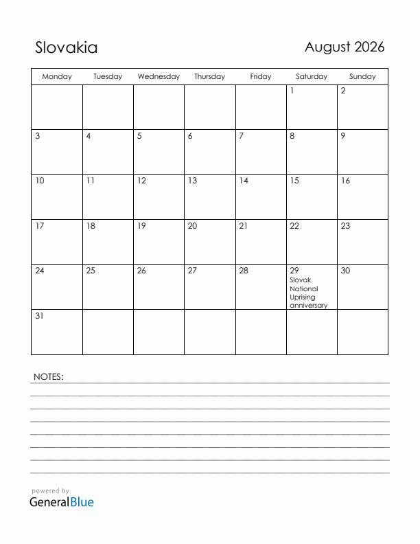 August 2026 Slovakia Calendar with Holidays (Monday Start)