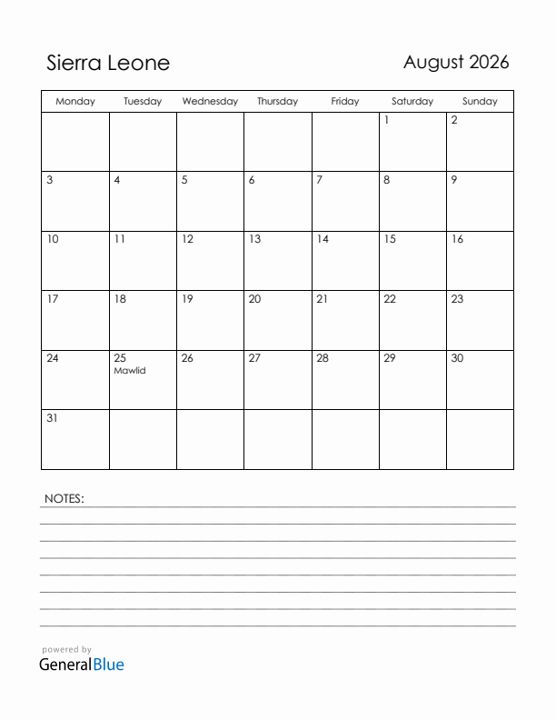 August 2026 Sierra Leone Calendar with Holidays (Monday Start)