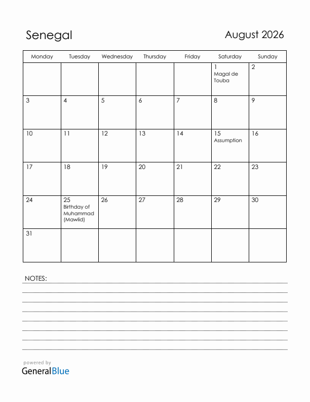 August 2026 Senegal Calendar with Holidays (Monday Start)