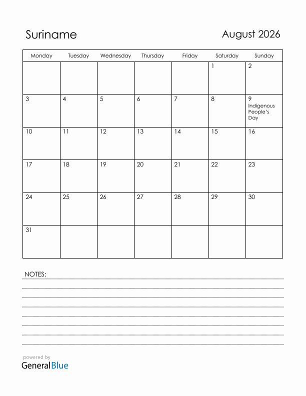 August 2026 Suriname Calendar with Holidays (Monday Start)