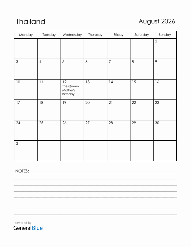 August 2026 Thailand Calendar with Holidays (Monday Start)