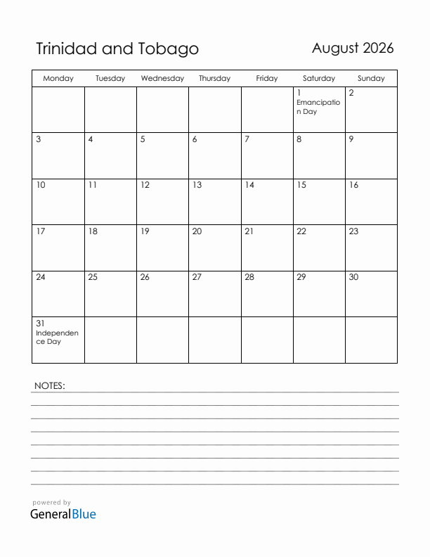 August 2026 Trinidad and Tobago Calendar with Holidays (Monday Start)
