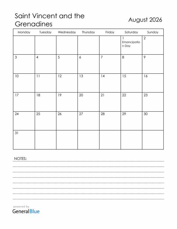 August 2026 Saint Vincent and the Grenadines Calendar with Holidays (Monday Start)