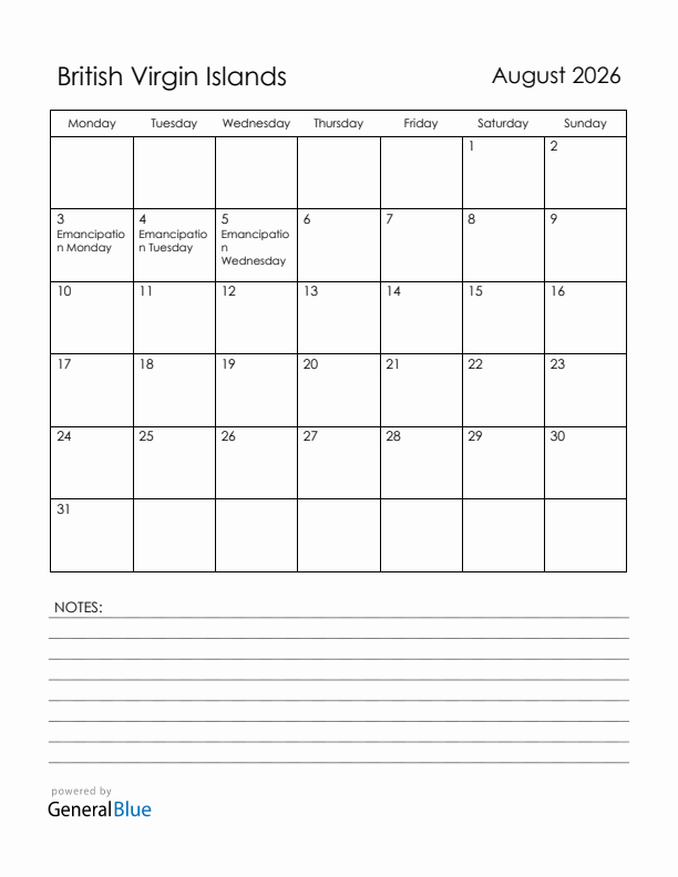 August 2026 British Virgin Islands Calendar with Holidays (Monday Start)