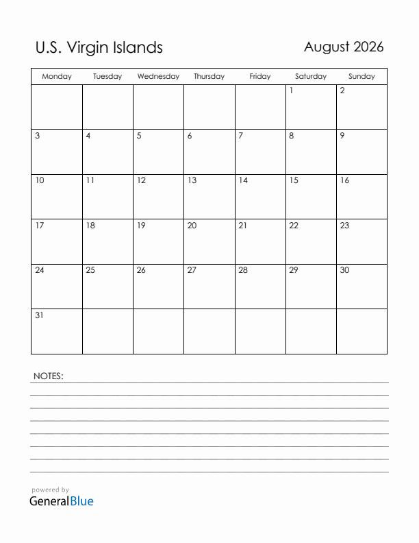 August 2026 U.S. Virgin Islands Calendar with Holidays (Monday Start)