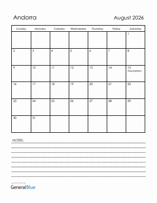 Current month calendar with Andorra holidays for August 2026