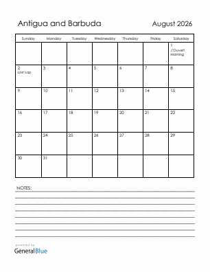 Current month calendar with Antigua and Barbuda holidays for August 2026