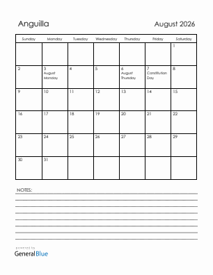 Current month calendar with Anguilla holidays for August 2026