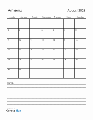 Current month calendar with Armenia holidays for August 2026