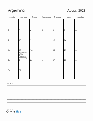 Current month calendar with Argentina holidays for August 2026