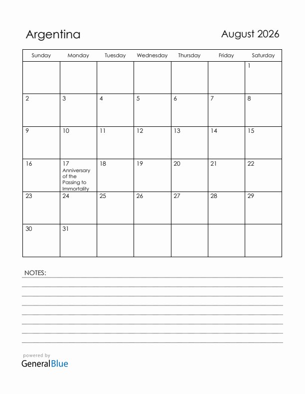 August 2026 Argentina Calendar with Holidays (Sunday Start)