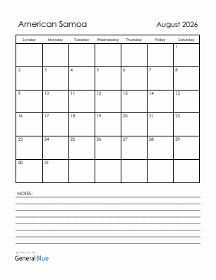 Current month calendar with American Samoa holidays for August 2026